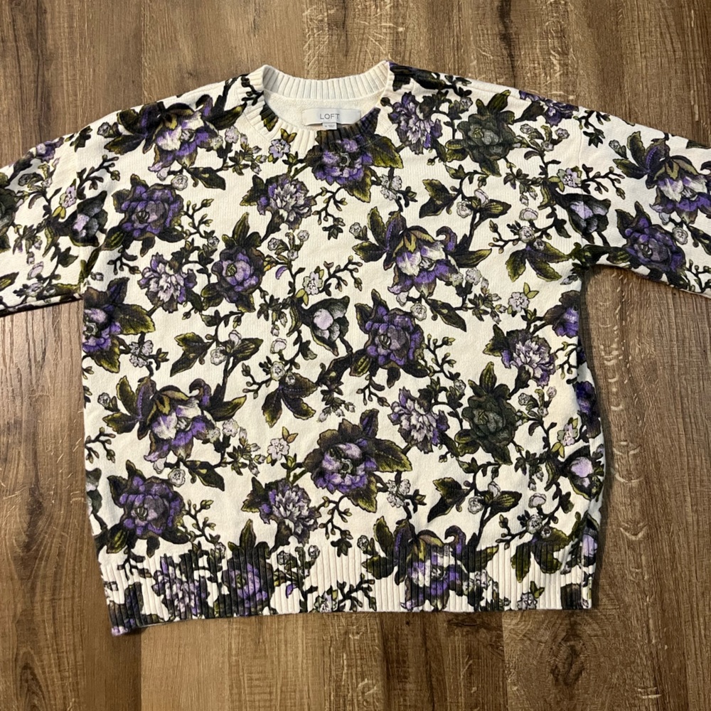 LOFT Floral Blouson Sleeve Sweater with Purple Floral and Olive Print - Picture 6 of 7